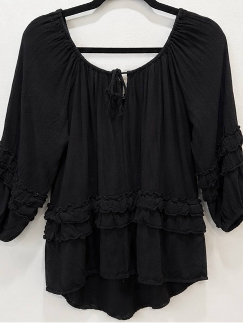 Denim & Supply Ralph Lauren Black Peasant Boho Blouse Ruffle Trim Size M